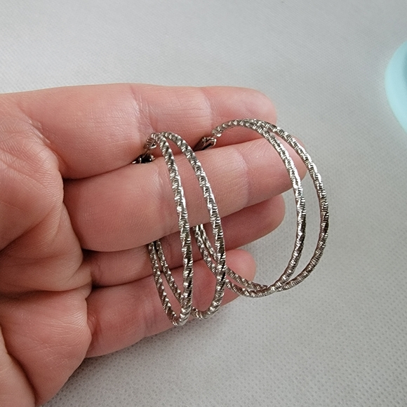 Twisted Double Hoop Earrings | Large Silver tone - Picture 5 of 5